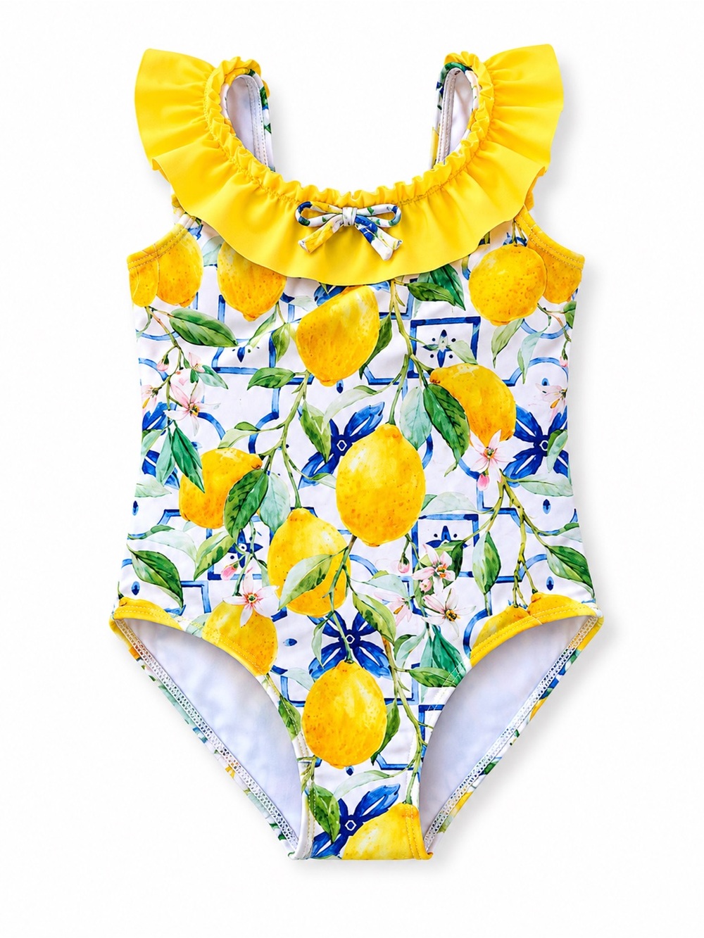 Girls' Yellow Lemon Print Ruffle One-Piece Swimsuit